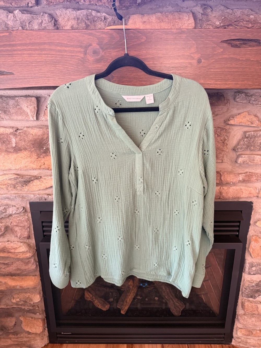 King Universal Light Sage Eyelet Cotton Tunic Blouse